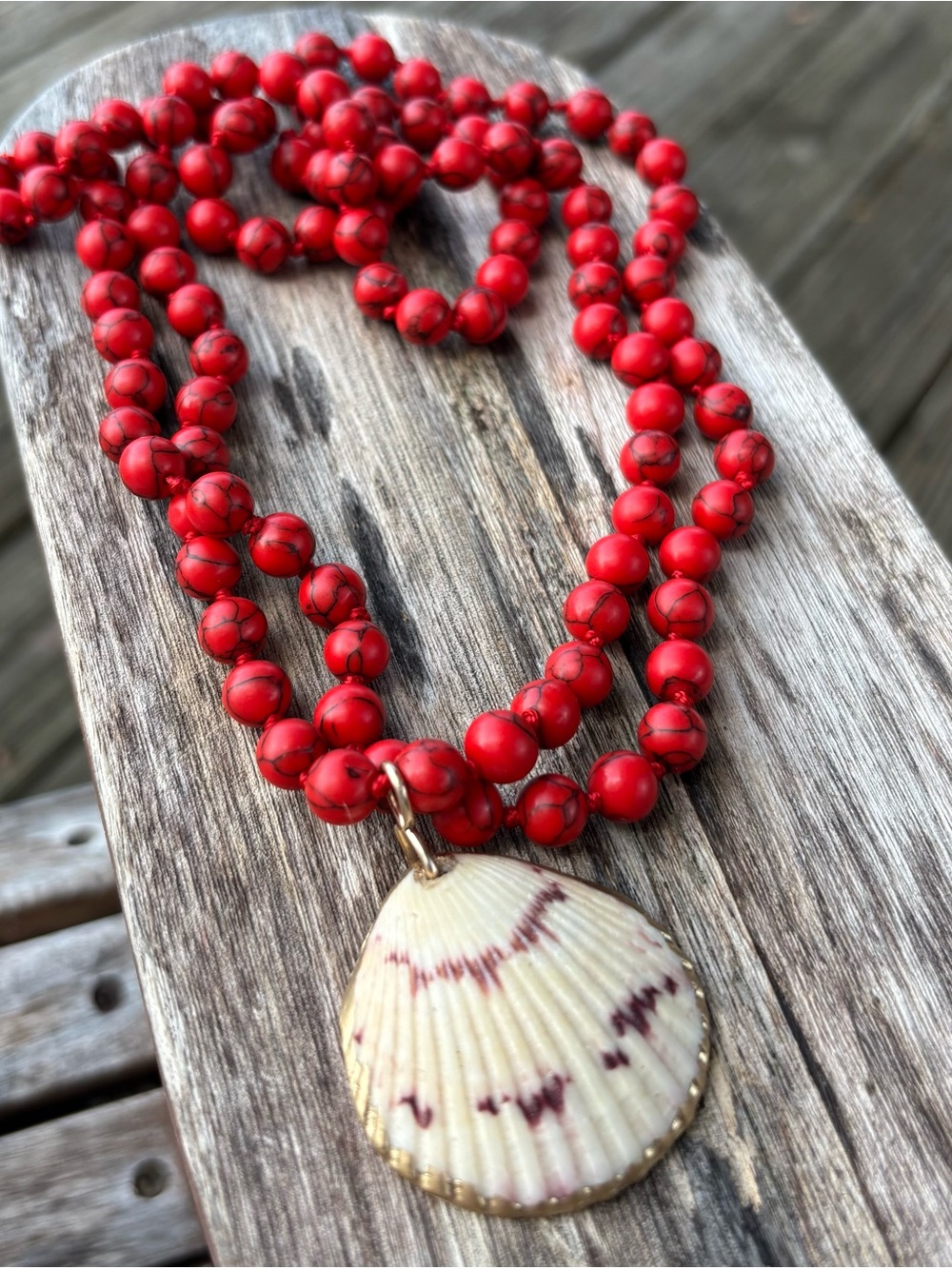 Red Beaded Necklace with Shell Pendant